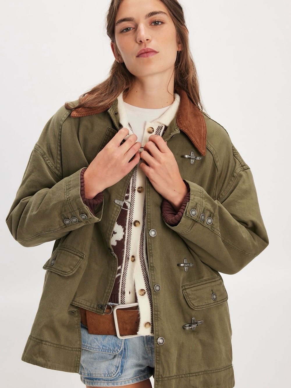 Free People Olive Green Utility Jacket with Brown Corduroy Collar